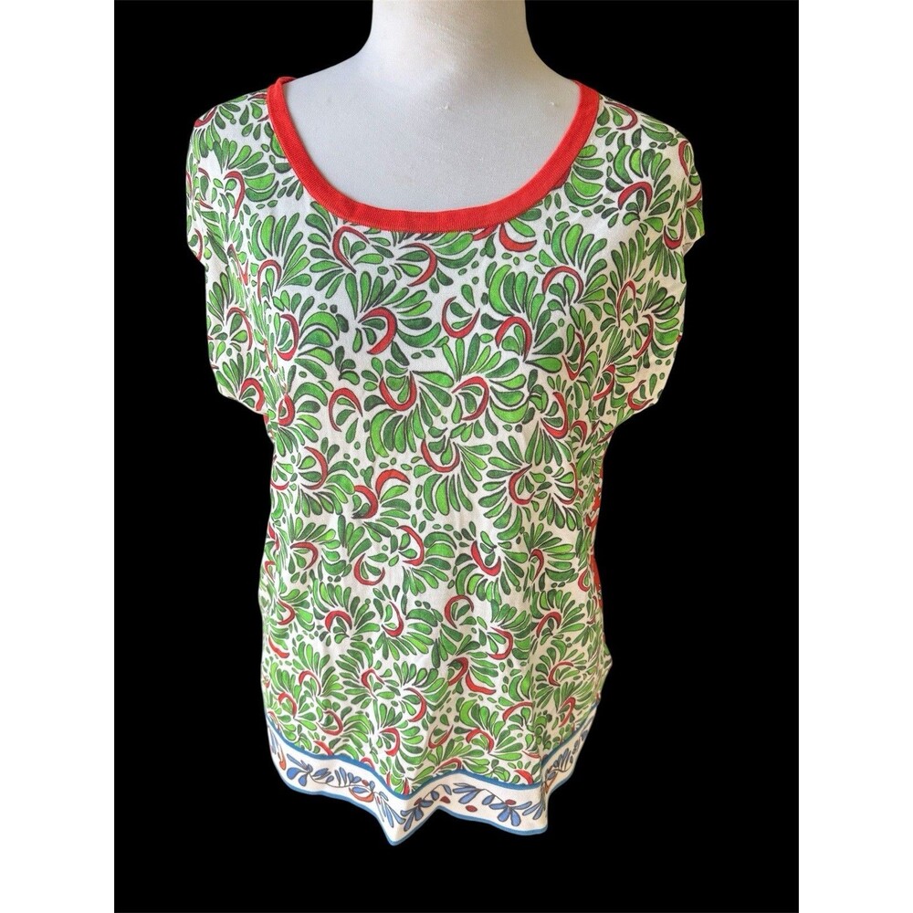 $550 ESCADA cotton viscose top blouse cap sleeve L, Designer, Colorblock Floral